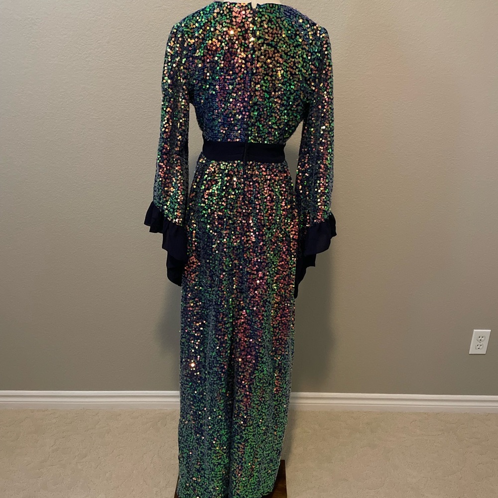 Unique Vintage Navy Glitter Sequin Maxi Long Sleeve Dress - Picture 5 of 5